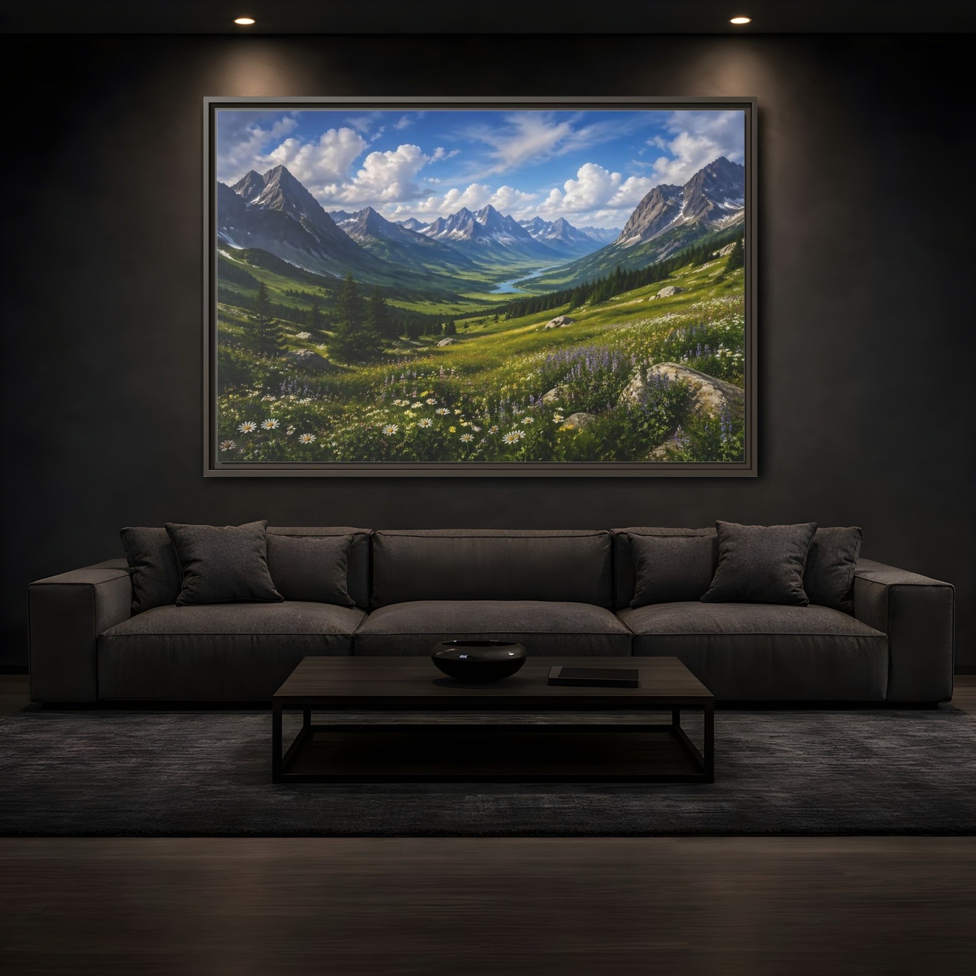 Mockup 3. Nature Mountain Valley Green Mountain Valley shown as stretched canvas wall art