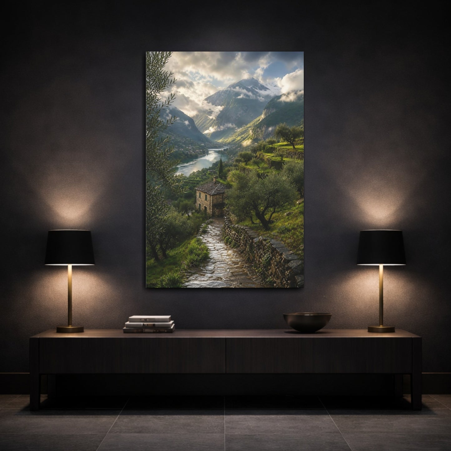 Mockup 3. Nature Mountain Valley Green Mountain Valley shown as stretched canvas wall art