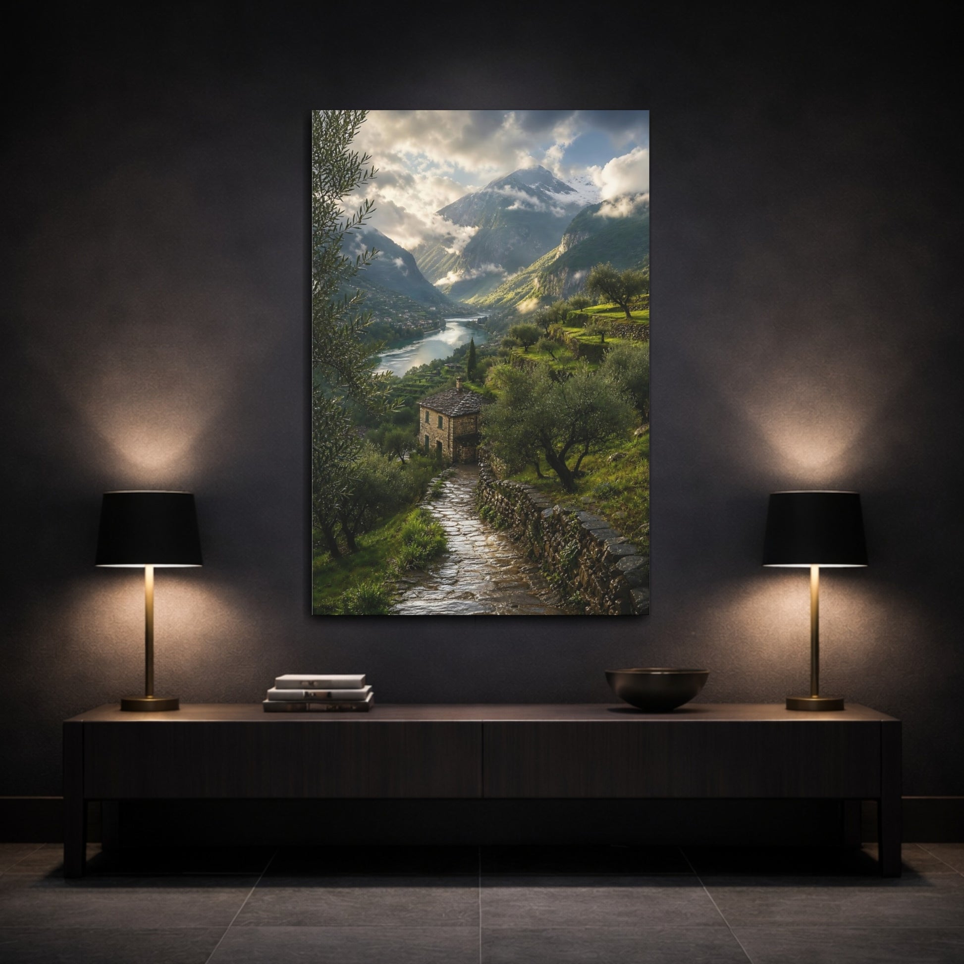 Mockup 3. Nature Mountain Valley Green Mountain Valley shown as stretched canvas wall art