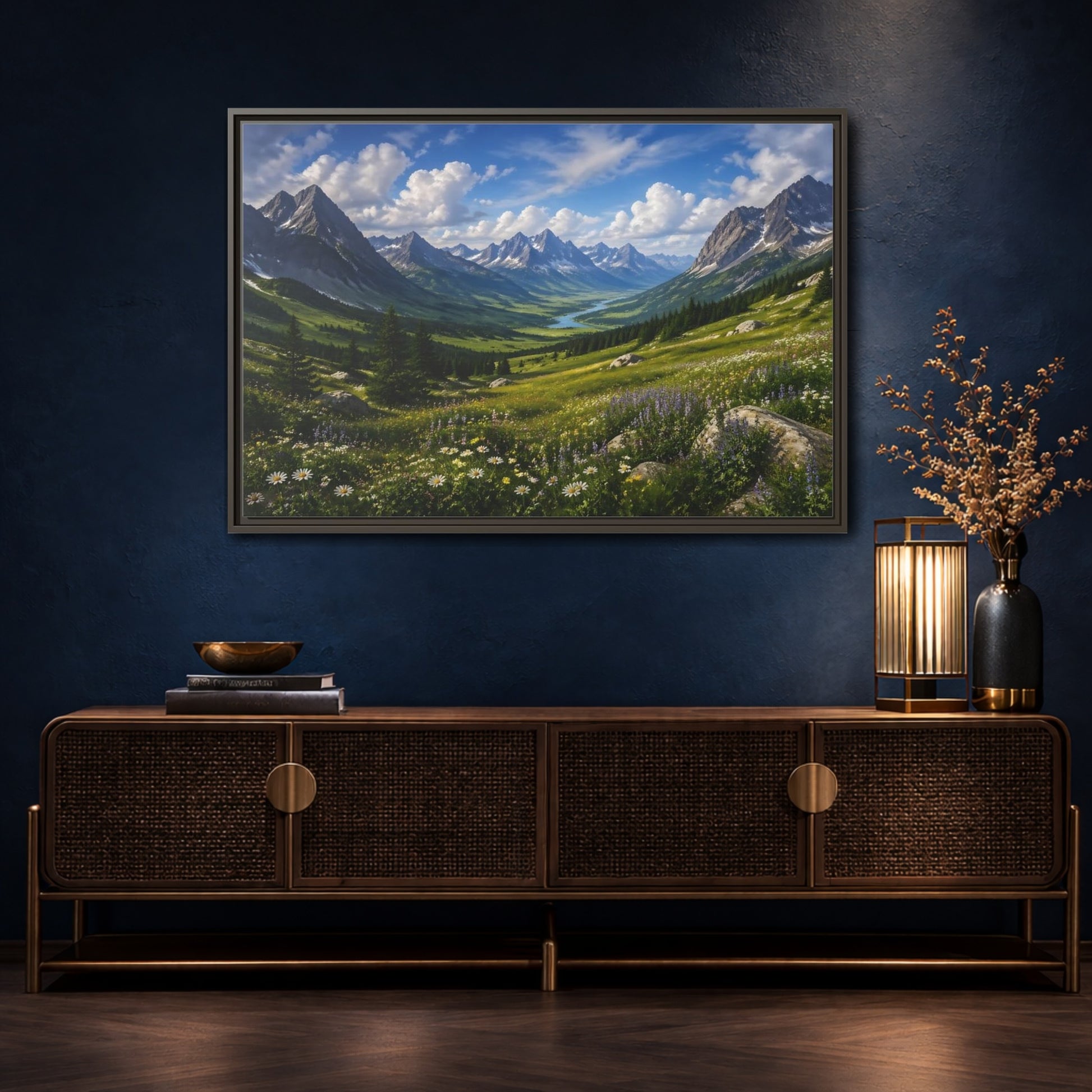 Mockup 4. Nature Mountain Valley Green Mountain Valley shown as stretched canvas wall art
