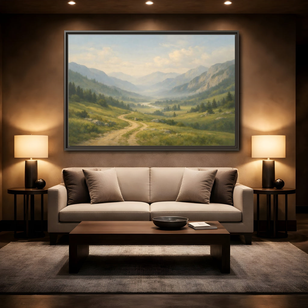 Mockup 2. Nature Mountain Valley Green Valley Landscape shown as stretched canvas wall art