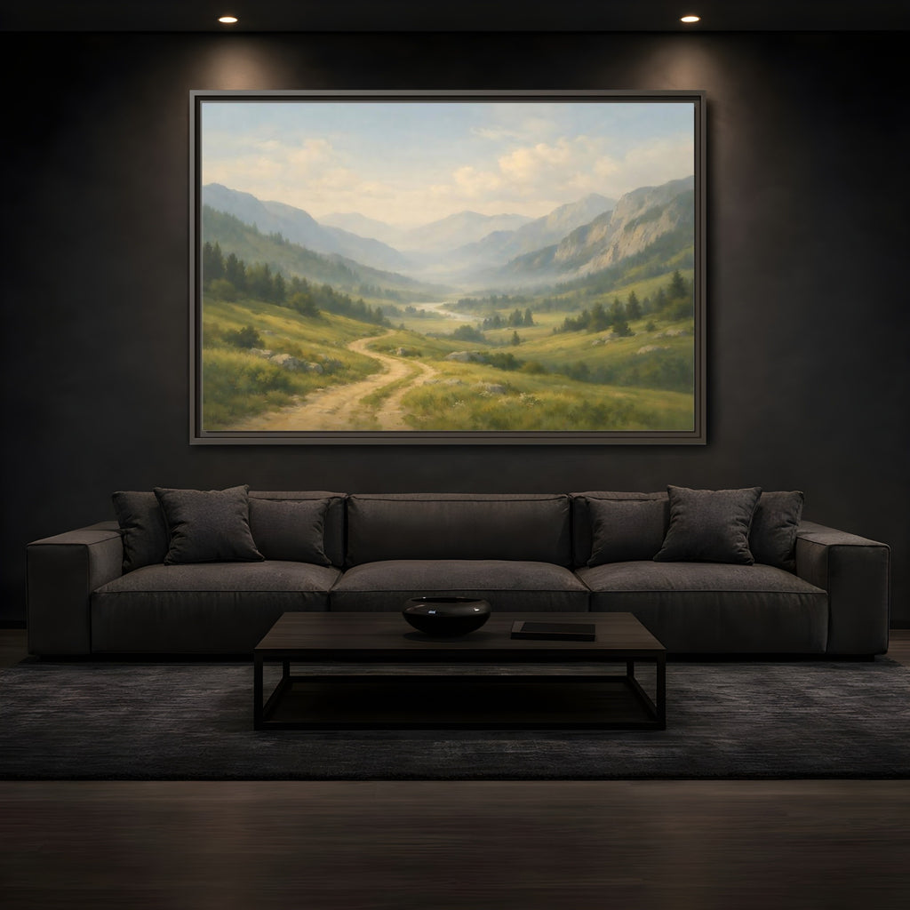 Mockup 3. Nature Mountain Valley Green Valley Landscape shown as stretched canvas wall art