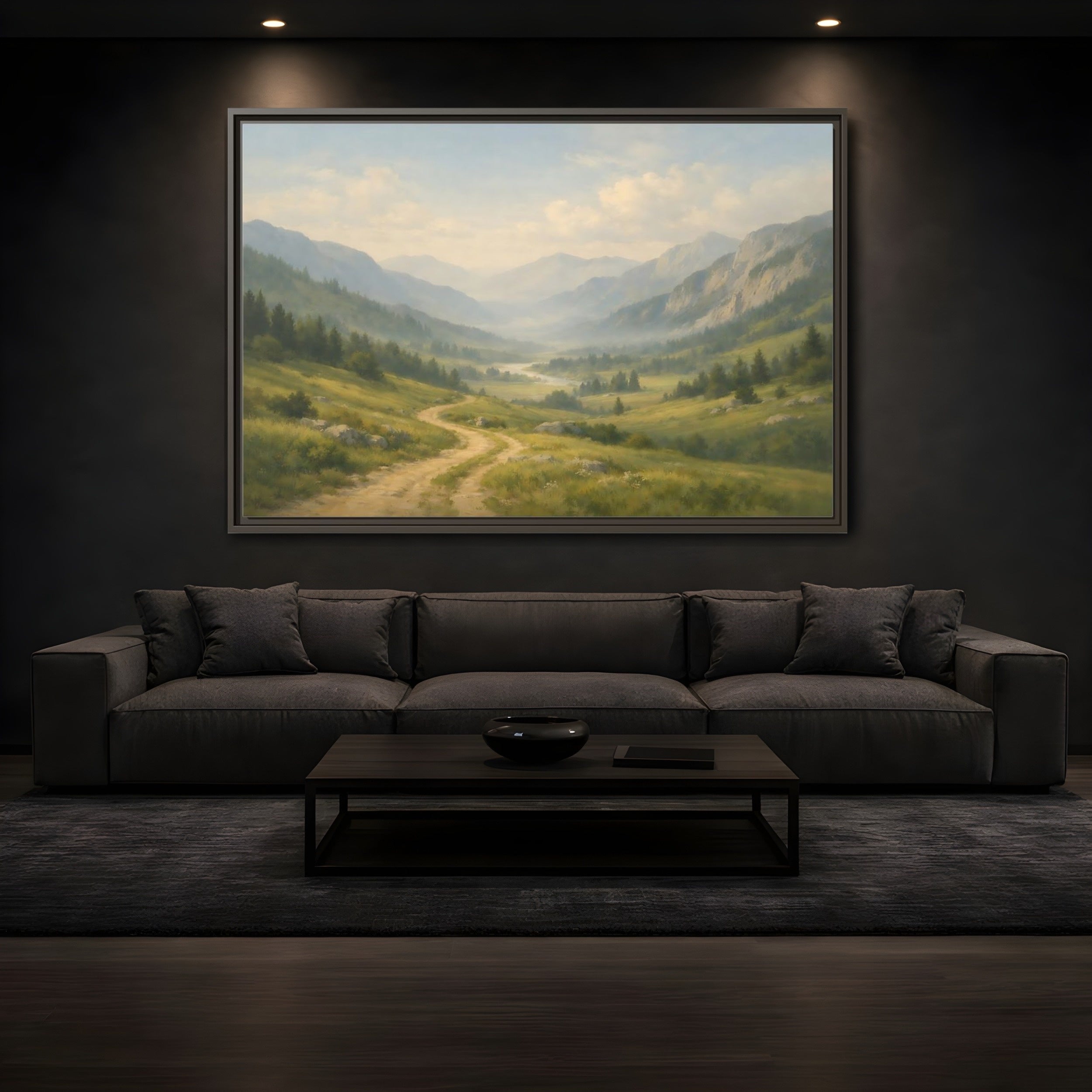 Mockup 3. Nature Mountain Valley Green Valley Landscape shown as stretched canvas wall art