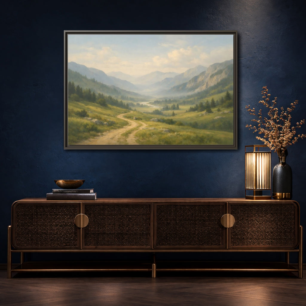 Mockup 4. Nature Mountain Valley Green Valley Landscape shown as stretched canvas wall art