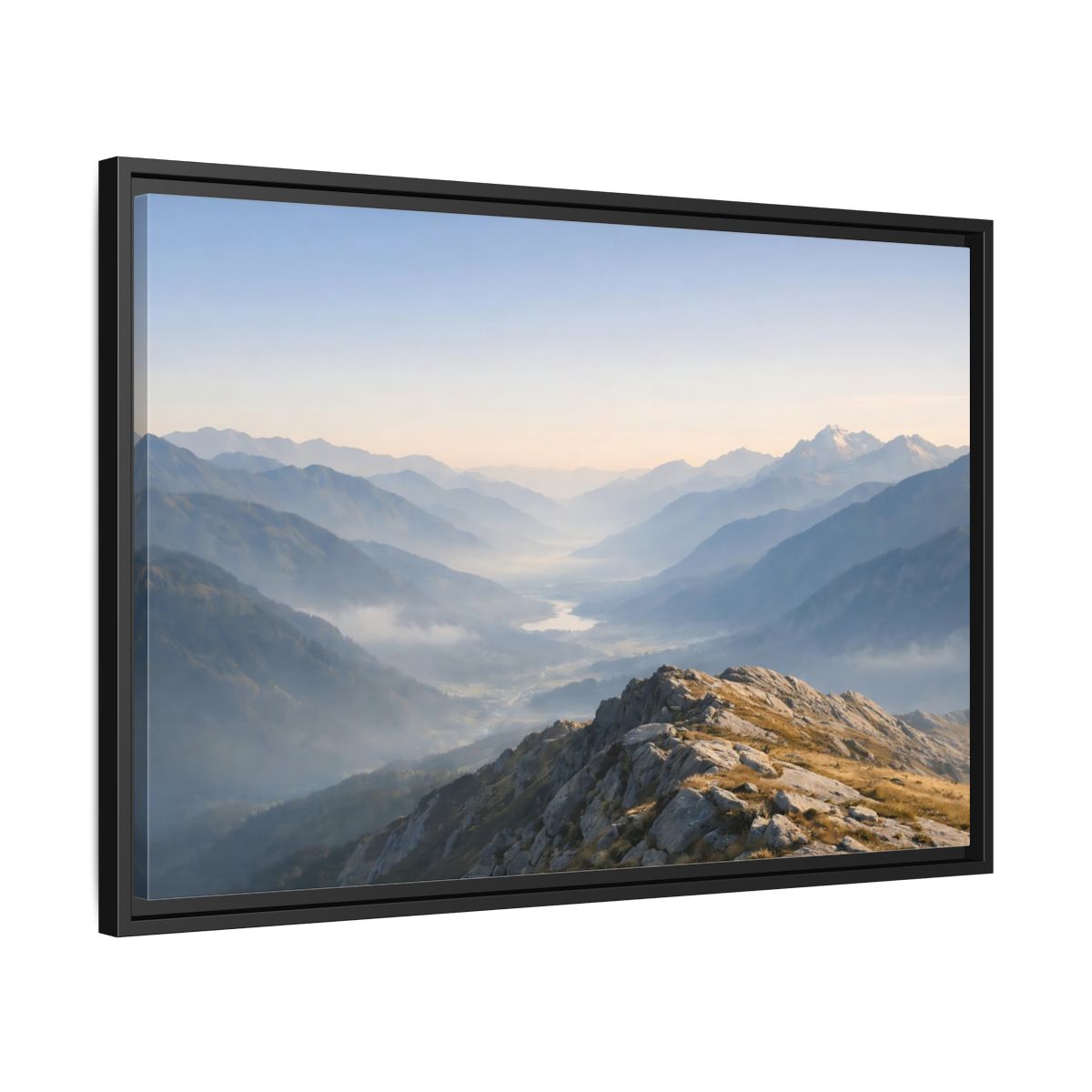 Side Mockup 14. Nature Mountain Valley Misty Mountain Valley shown as stretched canvas wall art