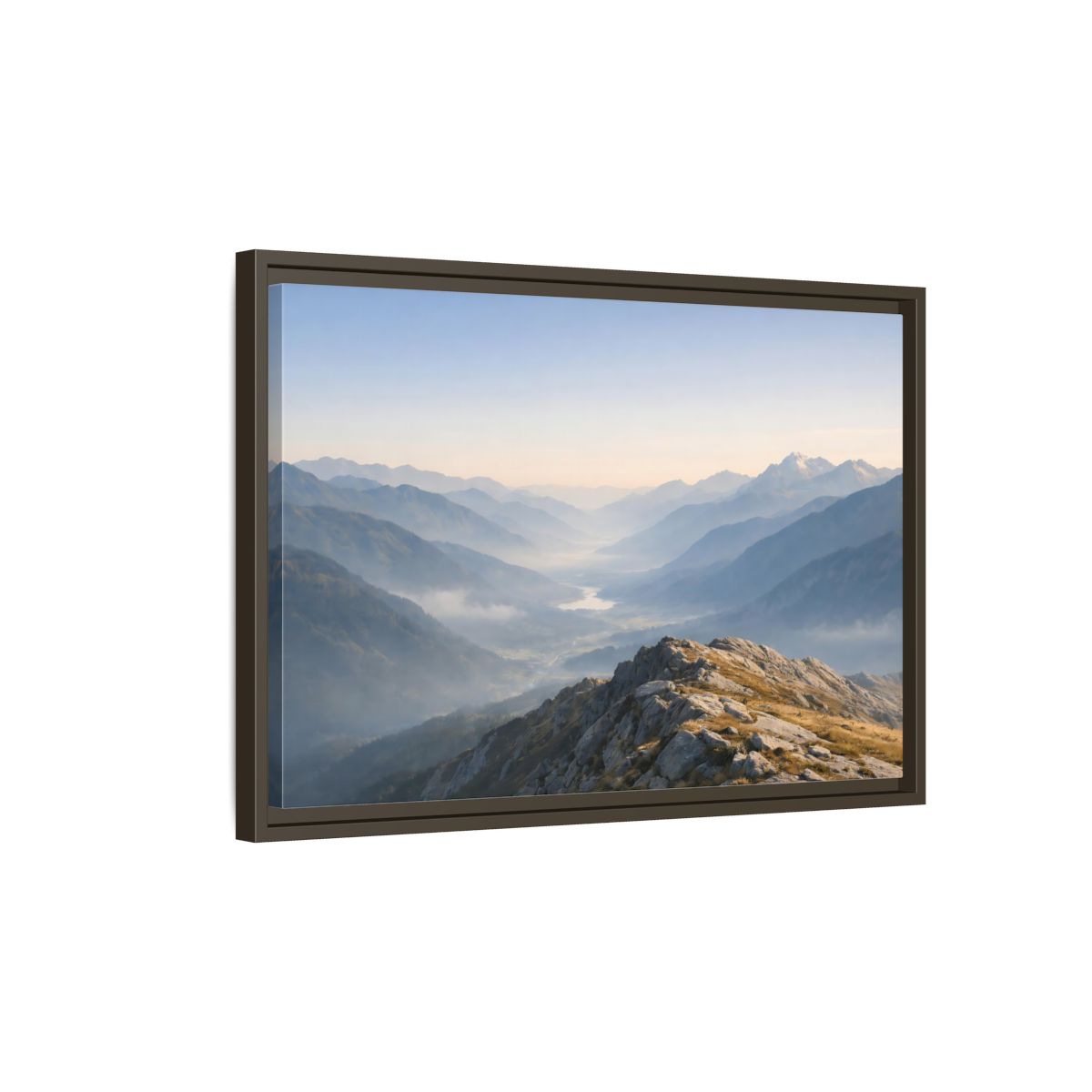 Side Mockup 2. Nature Mountain Valley Misty Mountain Valley shown as stretched canvas wall art