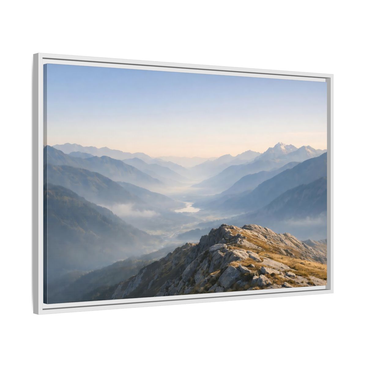 Side Mockup 9. Nature Mountain Valley Misty Mountain Valley shown as stretched canvas wall art
