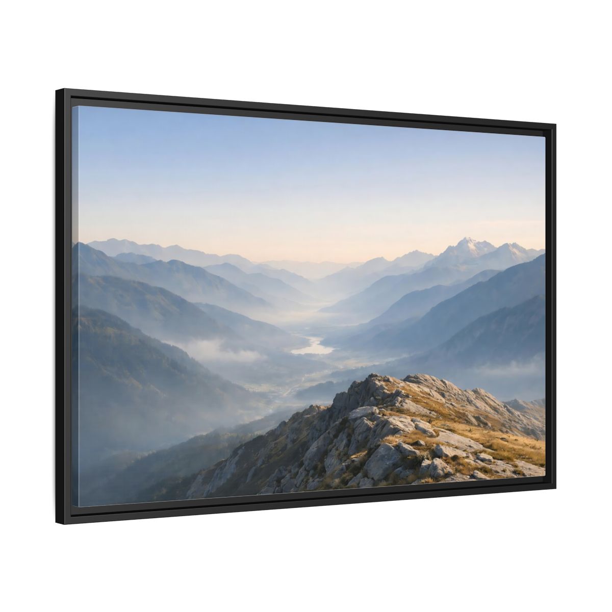 Side Mockup 13. Nature Mountain Valley Misty Mountain Valley shown as stretched canvas wall art