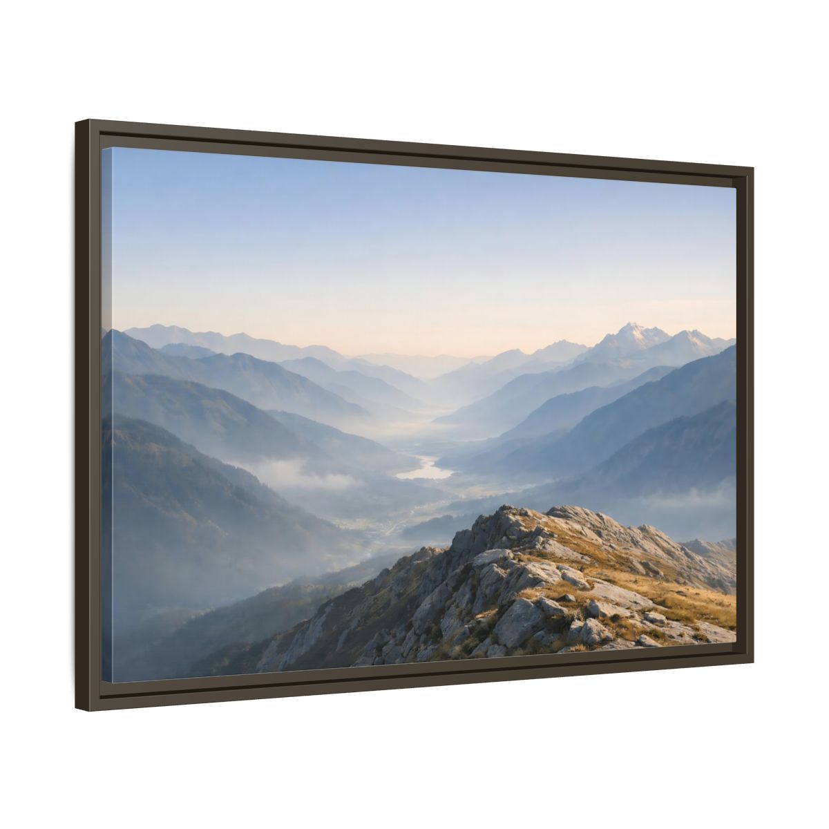 Side Mockup 11. Nature Mountain Valley Misty Mountain Valley shown as stretched canvas wall art