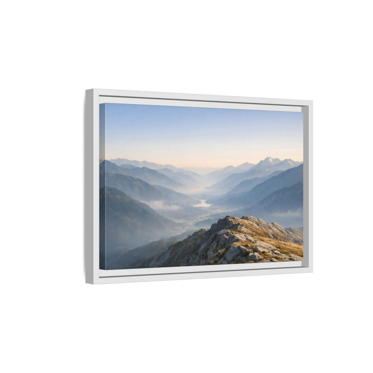 Side Mockup 4. Nature Mountain Valley Misty Mountain Valley shown as stretched canvas wall art