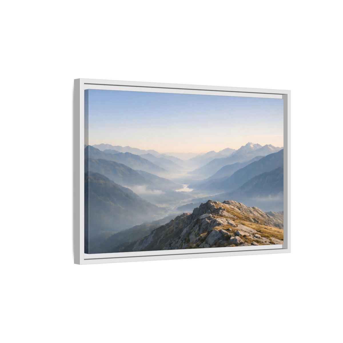 Side Mockup 1. Nature Mountain Valley Misty Mountain Valley shown as stretched canvas wall art