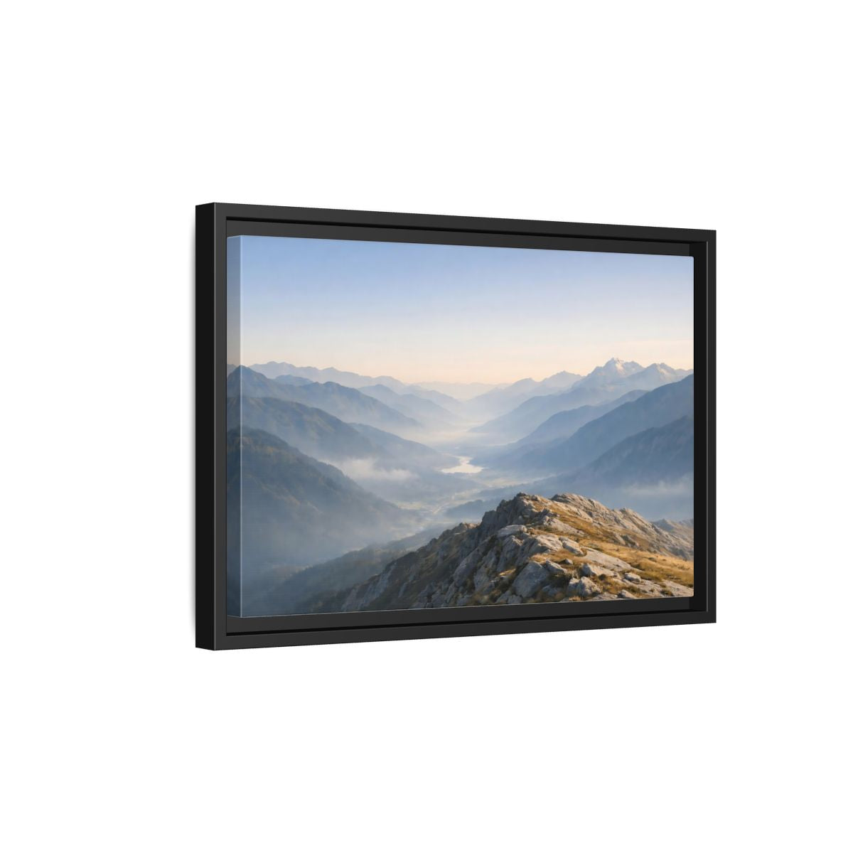 Side Mockup 6. Nature Mountain Valley Misty Mountain Valley shown as stretched canvas wall art