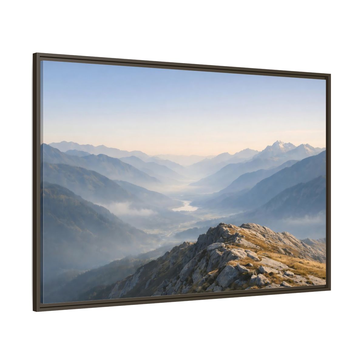 Side Mockup 8. Nature Mountain Valley Misty Mountain Valley shown as stretched canvas wall art