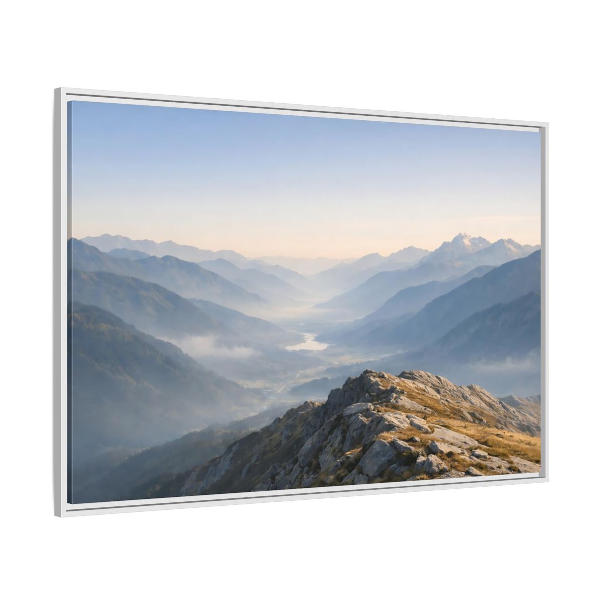 Side Mockup 7. Nature Mountain Valley Misty Mountain Valley shown as stretched canvas wall art
