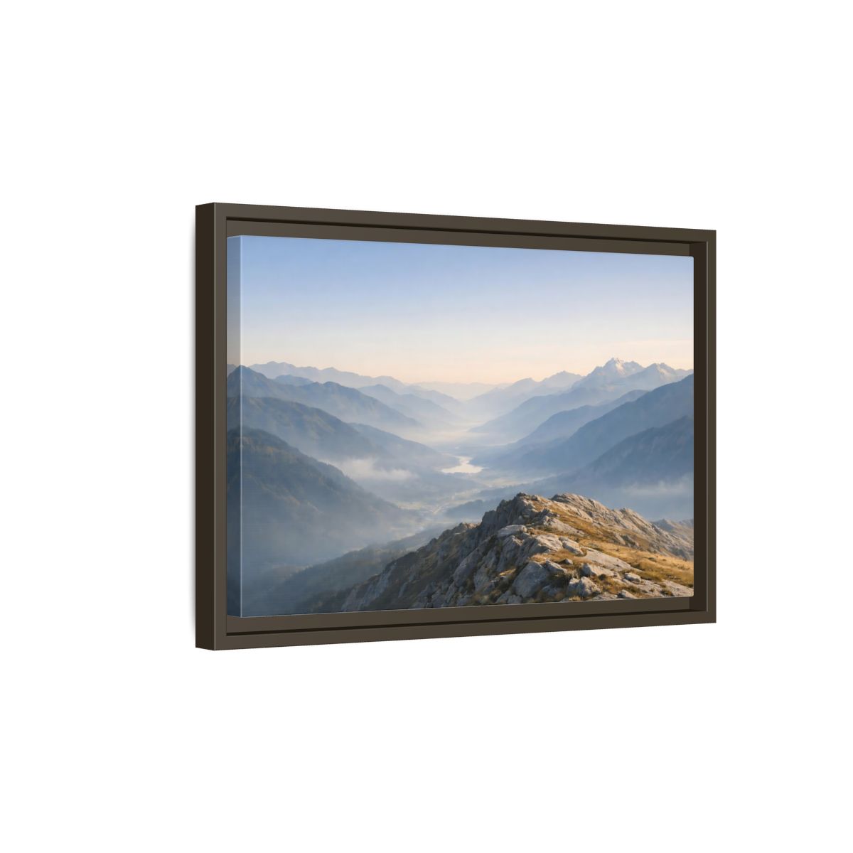 Side Mockup 5. Nature Mountain Valley Misty Mountain Valley shown as stretched canvas wall art