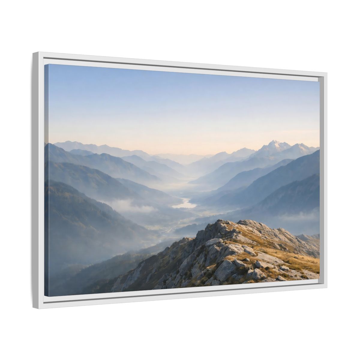Side Mockup 10. Nature Mountain Valley Misty Mountain Valley shown as stretched canvas wall art