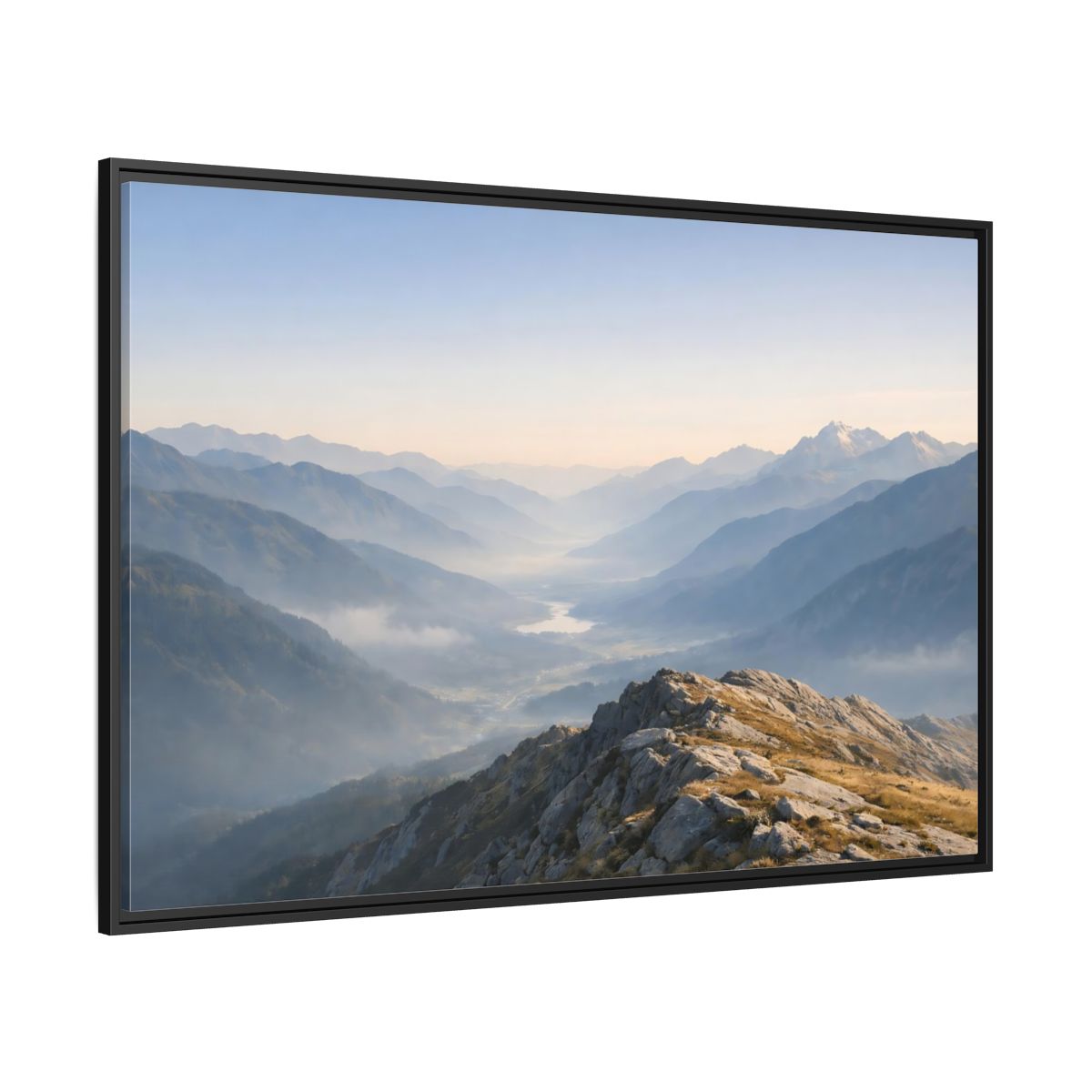 Side Mockup 12. Nature Mountain Valley Misty Mountain Valley shown as stretched canvas wall art