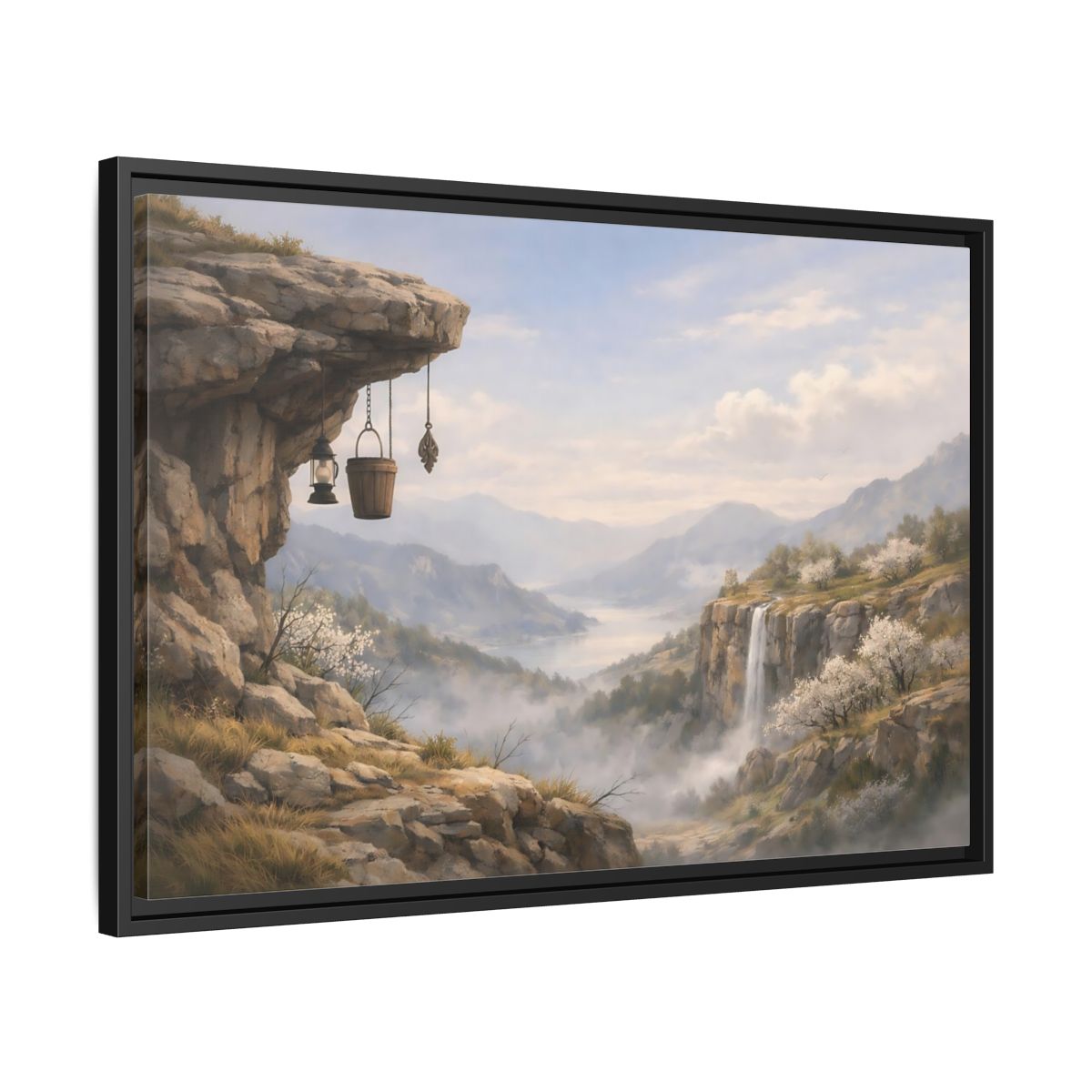 Side Mockup 14. Nature Mountain Valley Misty Mountain Valley shown as stretched canvas wall art