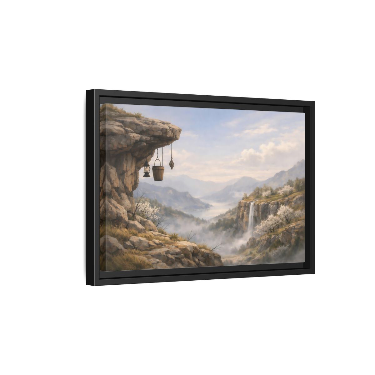 Side Mockup 6. Nature Mountain Valley Misty Mountain Valley shown as stretched canvas wall art