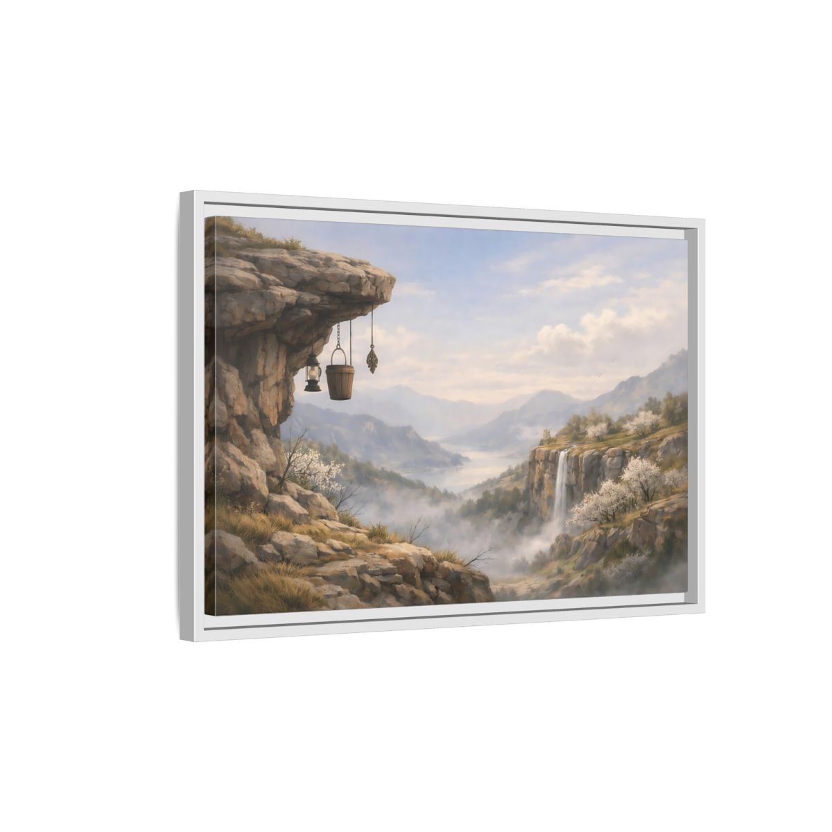 Side Mockup 1. Nature Mountain Valley Misty Mountain Valley shown as stretched canvas wall art