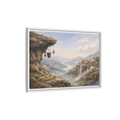Side Mockup 1. Nature Mountain Valley Misty Mountain Valley shown as stretched canvas wall art