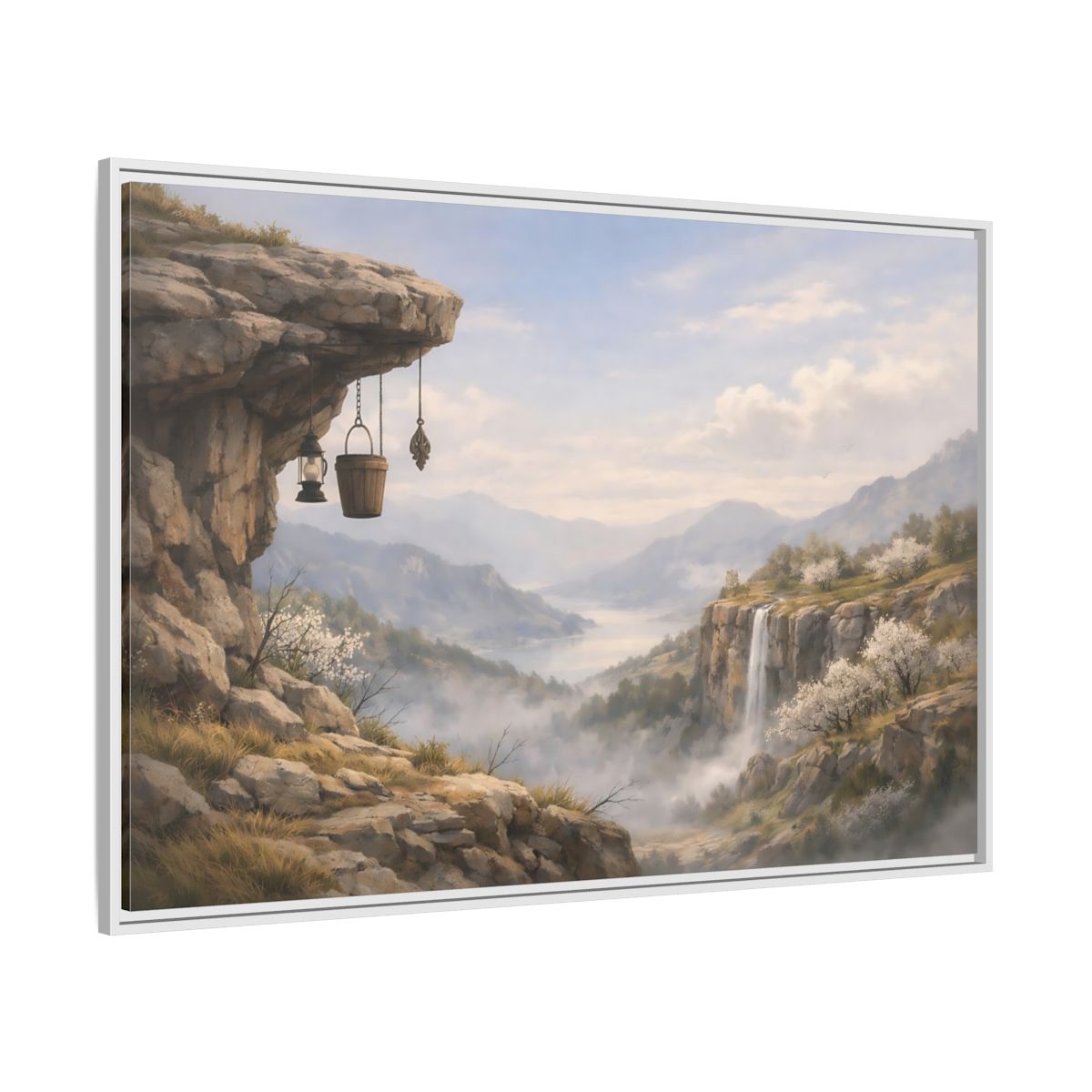 Side Mockup 7. Nature Mountain Valley Misty Mountain Valley shown as stretched canvas wall art