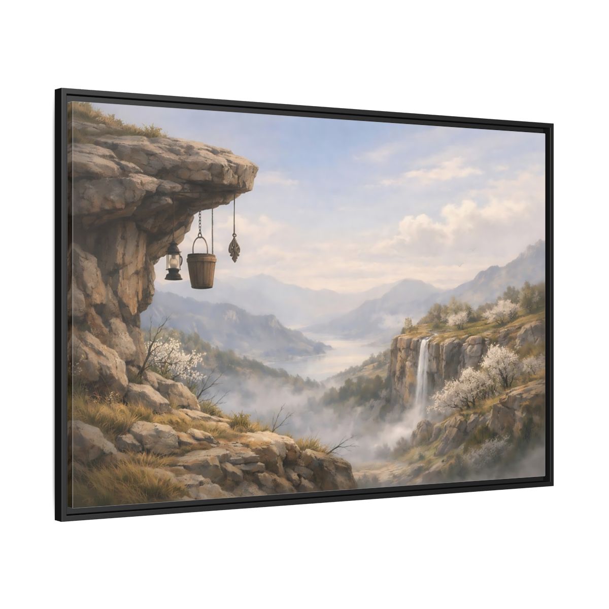 Side Mockup 12. Nature Mountain Valley Misty Mountain Valley shown as stretched canvas wall art