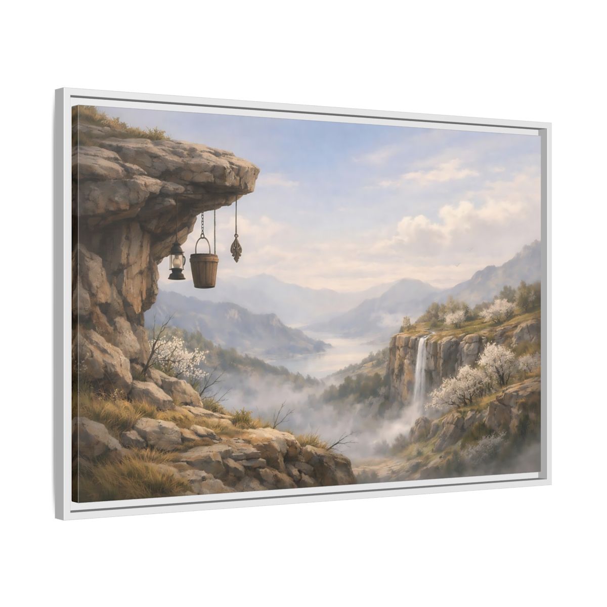 Side Mockup 9. Nature Mountain Valley Misty Mountain Valley shown as stretched canvas wall art