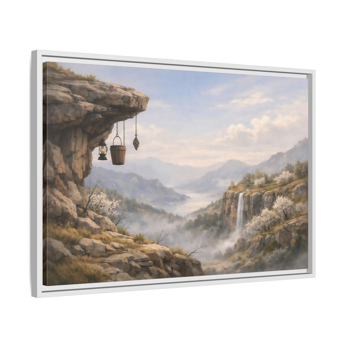 Side Mockup 10. Nature Mountain Valley Misty Mountain Valley shown as stretched canvas wall art
