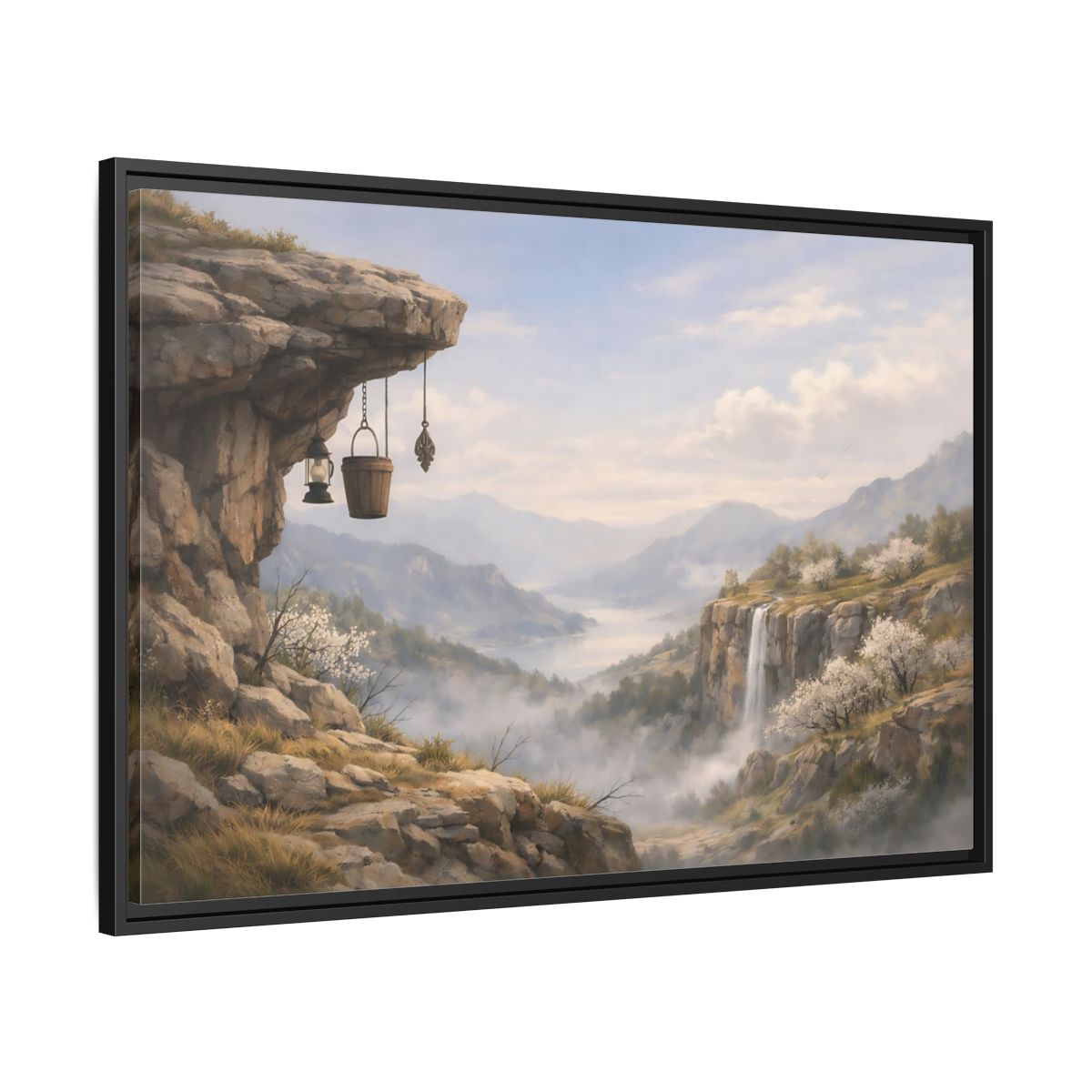 Side Mockup 13. Nature Mountain Valley Misty Mountain Valley shown as stretched canvas wall art