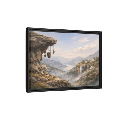 Side Mockup 3. Nature Mountain Valley Misty Mountain Valley shown as stretched canvas wall art
