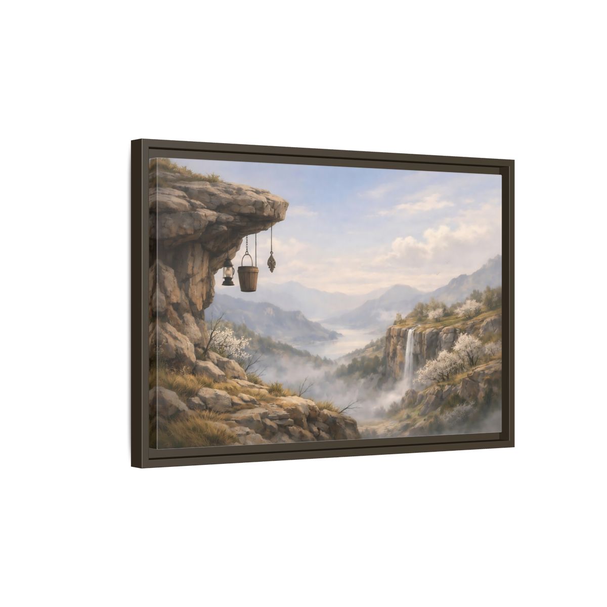 Side Mockup 2. Nature Mountain Valley Misty Mountain Valley shown as stretched canvas wall art