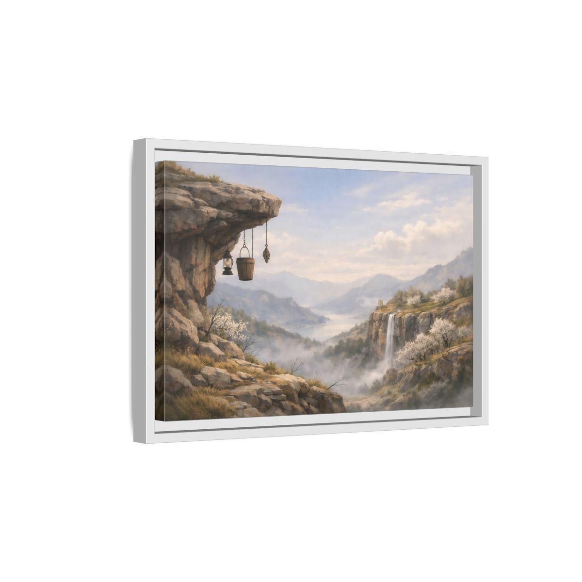 Side Mockup 4. Nature Mountain Valley Misty Mountain Valley shown as stretched canvas wall art