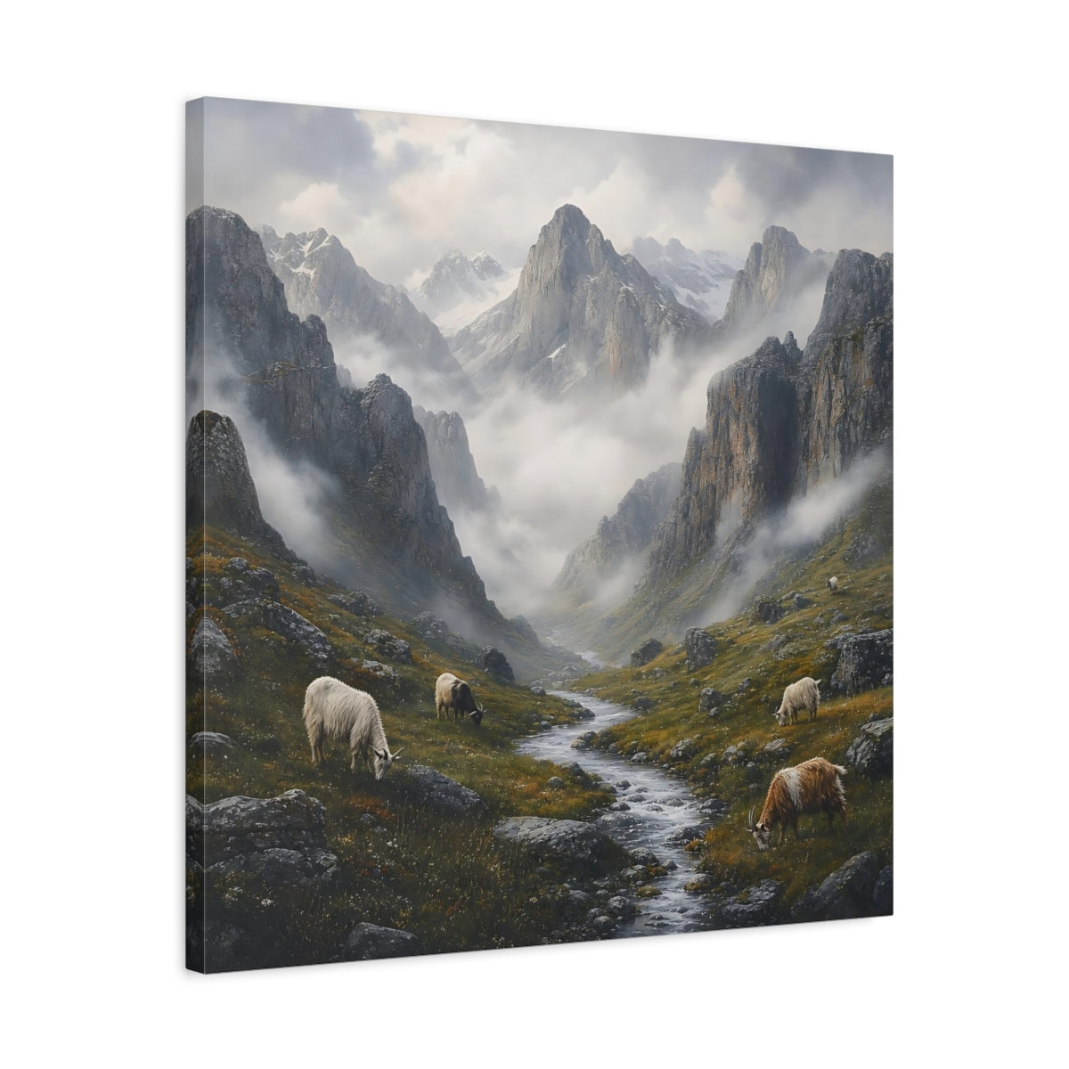 Side Mockup 4. Nature Mountain Valley Misty Mountain Landscape shown as stretched canvas wall art
