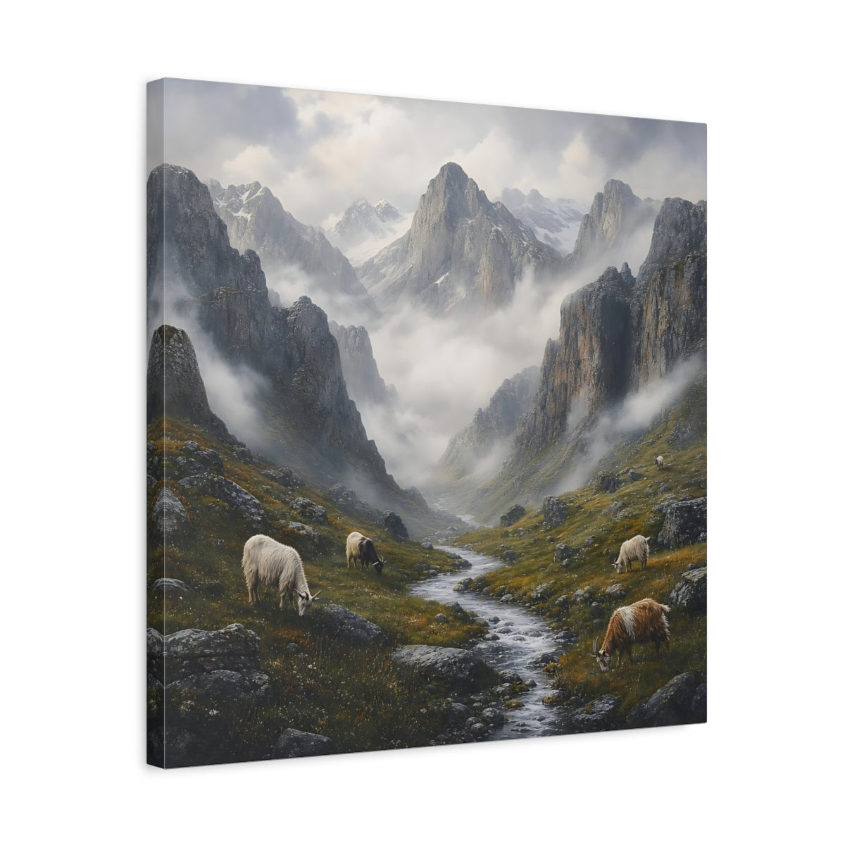 Side Mockup 5. Nature Mountain Valley Misty Mountain Landscape shown as stretched canvas wall art