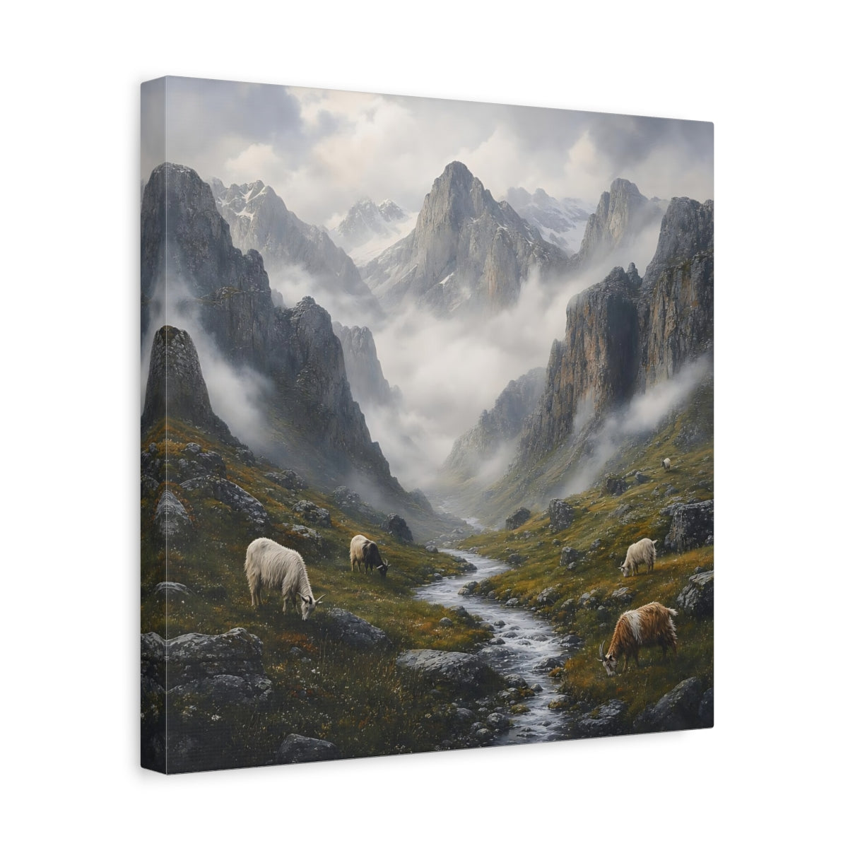Side Mockup 7. Nature Mountain Valley Misty Mountain Landscape shown as stretched canvas wall art