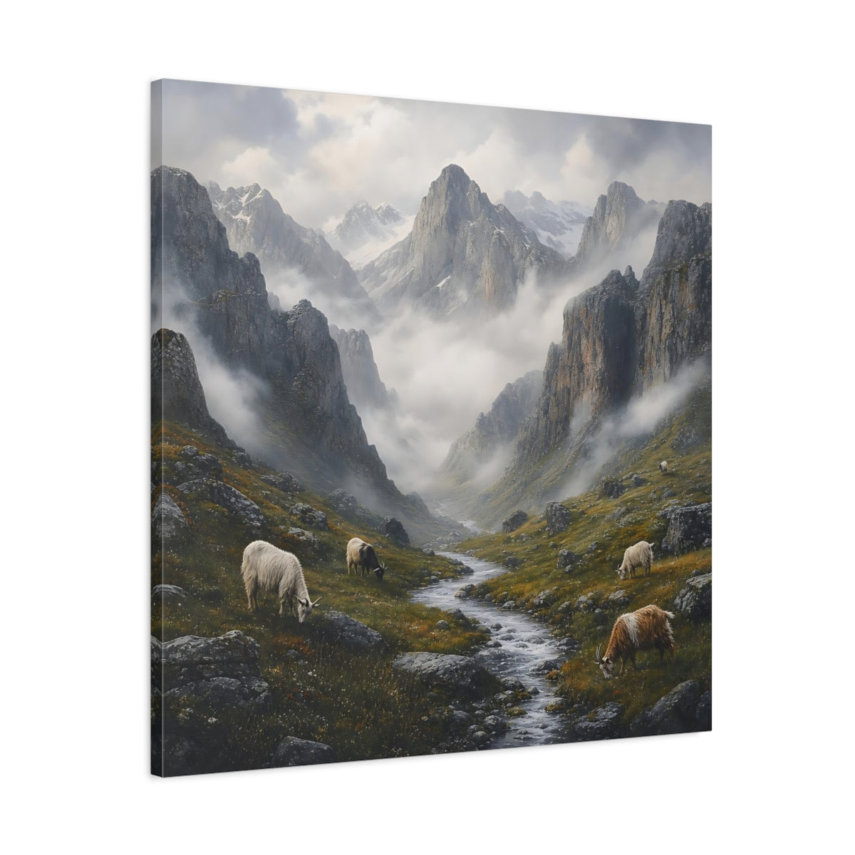 Side Mockup 3. Nature Mountain Valley Misty Mountain Landscape shown as stretched canvas wall art