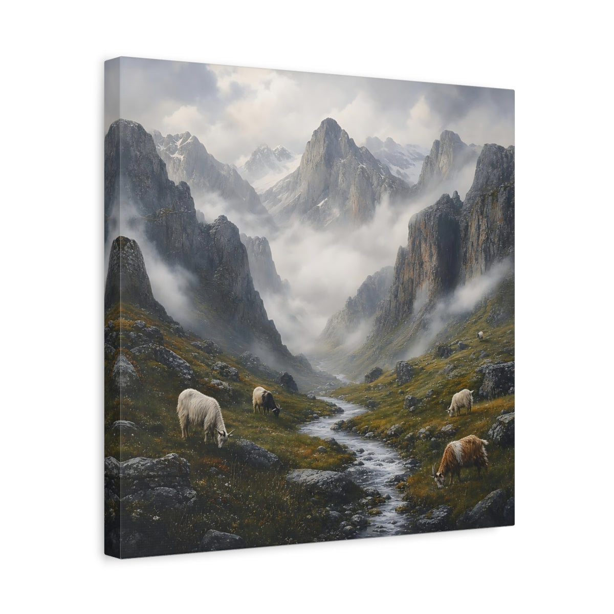 Side Mockup 6. Nature Mountain Valley Misty Mountain Landscape shown as stretched canvas wall art