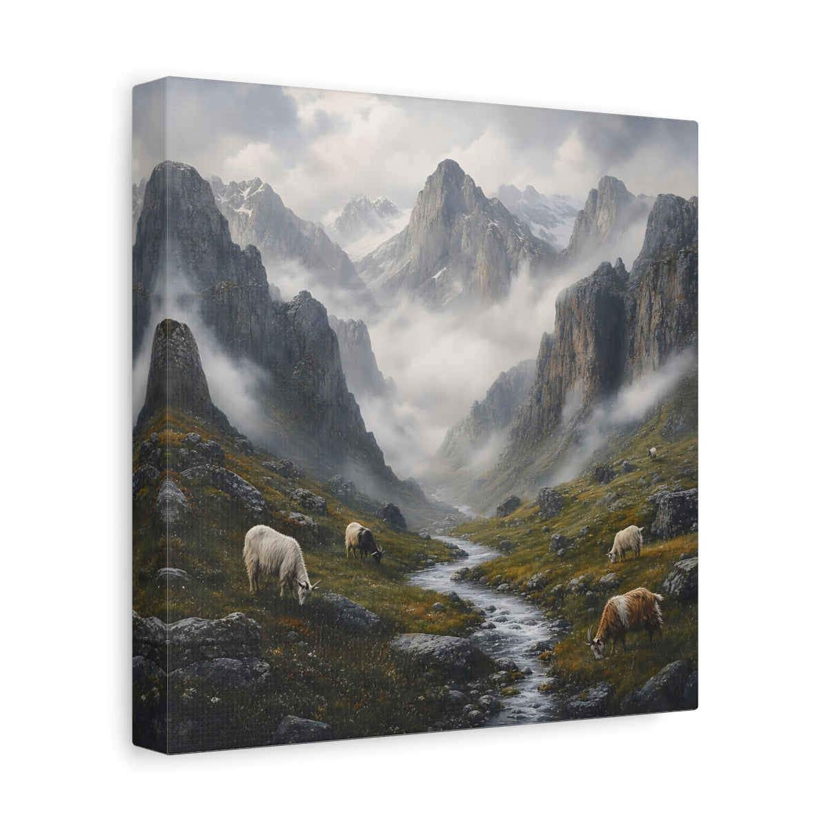 Side Mockup 9. Nature Mountain Valley Misty Mountain Landscape shown as stretched canvas wall art