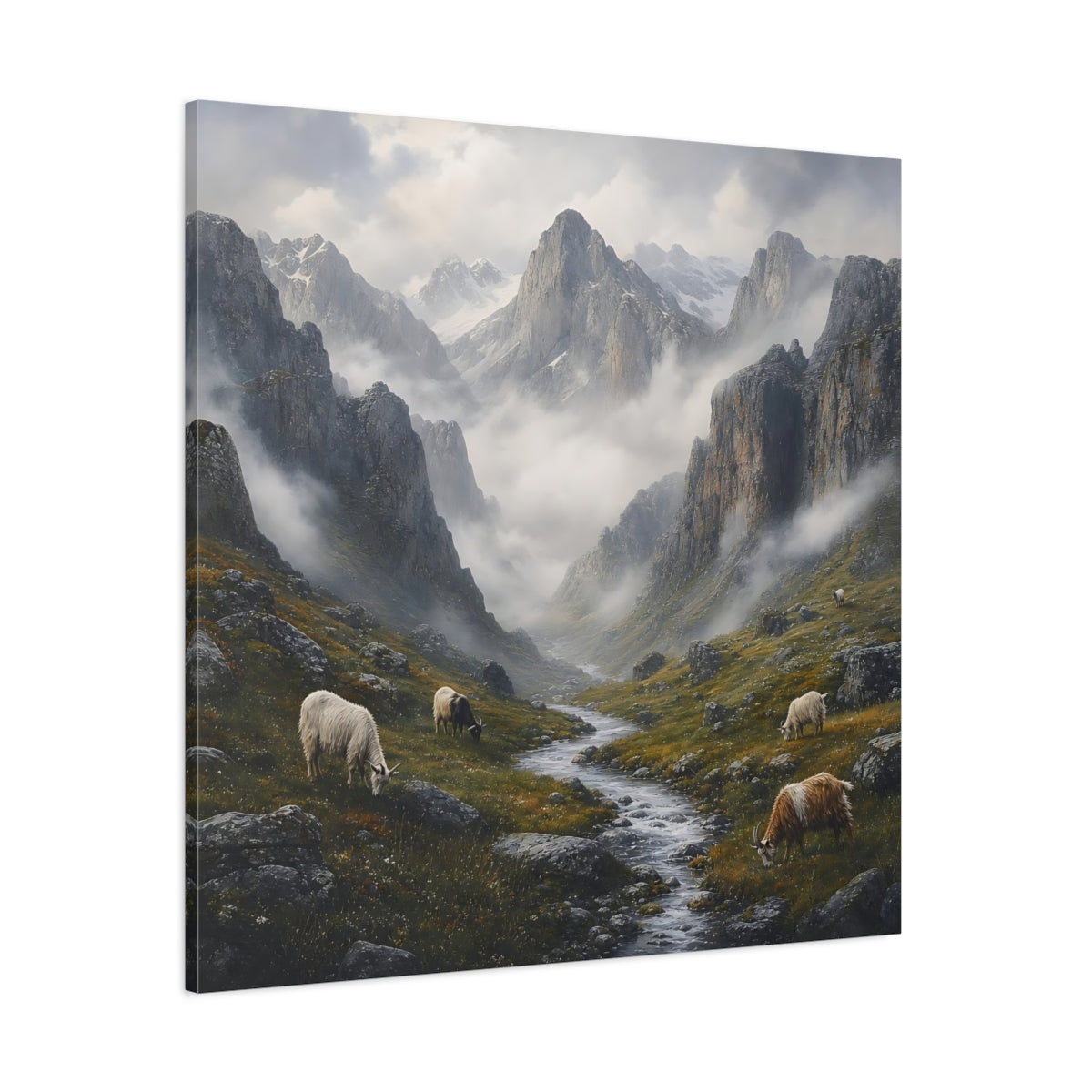 Side Mockup 1. Nature Mountain Valley Misty Mountain Landscape shown as stretched canvas wall art