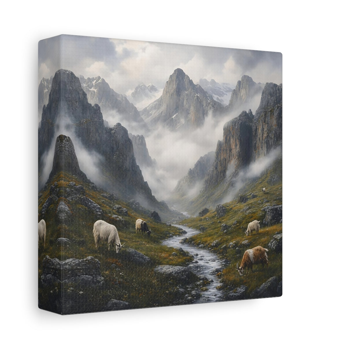 Side Mockup 2. Nature Mountain Valley Misty Mountain Landscape shown as stretched canvas wall art
