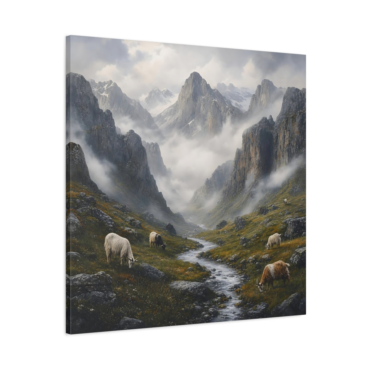 Main Mockup. Nature Mountain Valley Misty Mountain Landscape shown as stretched canvas wall art