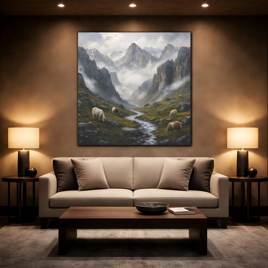 Mockup 2. Nature Mountain Valley Misty Mountain Landscape shown as stretched canvas wall art