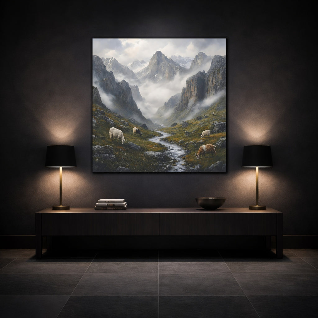 Mockup 3. Nature Mountain Valley Misty Mountain Landscape shown as stretched canvas wall art