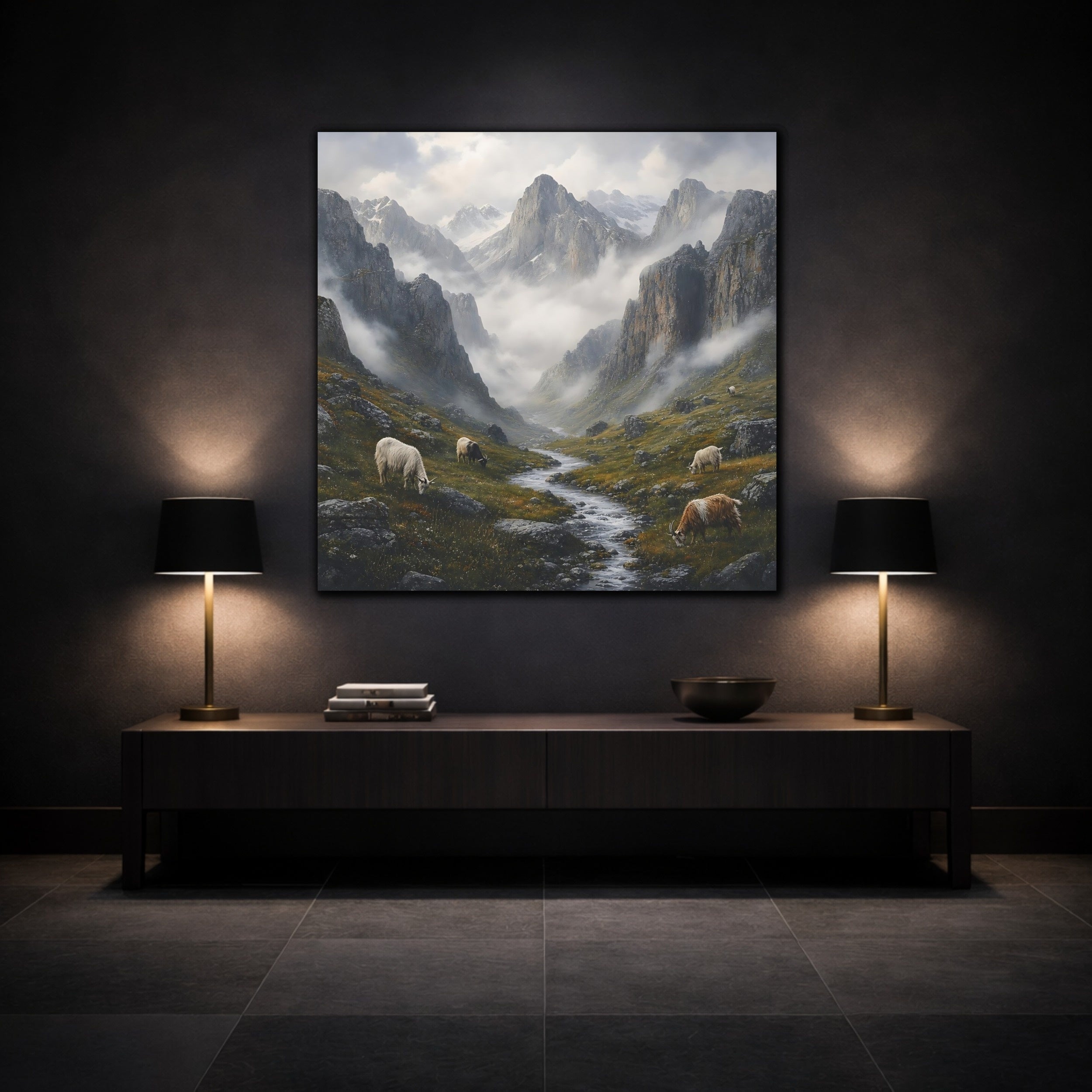 Mockup 3. Nature Mountain Valley Misty Mountain Landscape shown as stretched canvas wall art