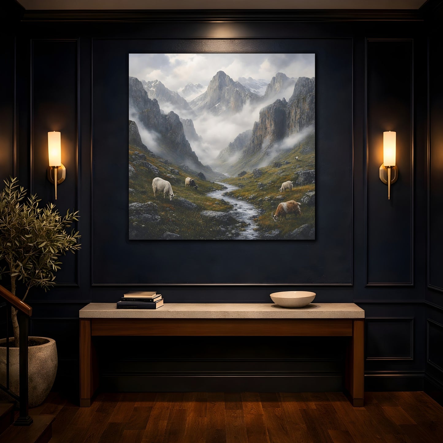 Mockup 4. Nature Mountain Valley Misty Mountain Landscape shown as stretched canvas wall art