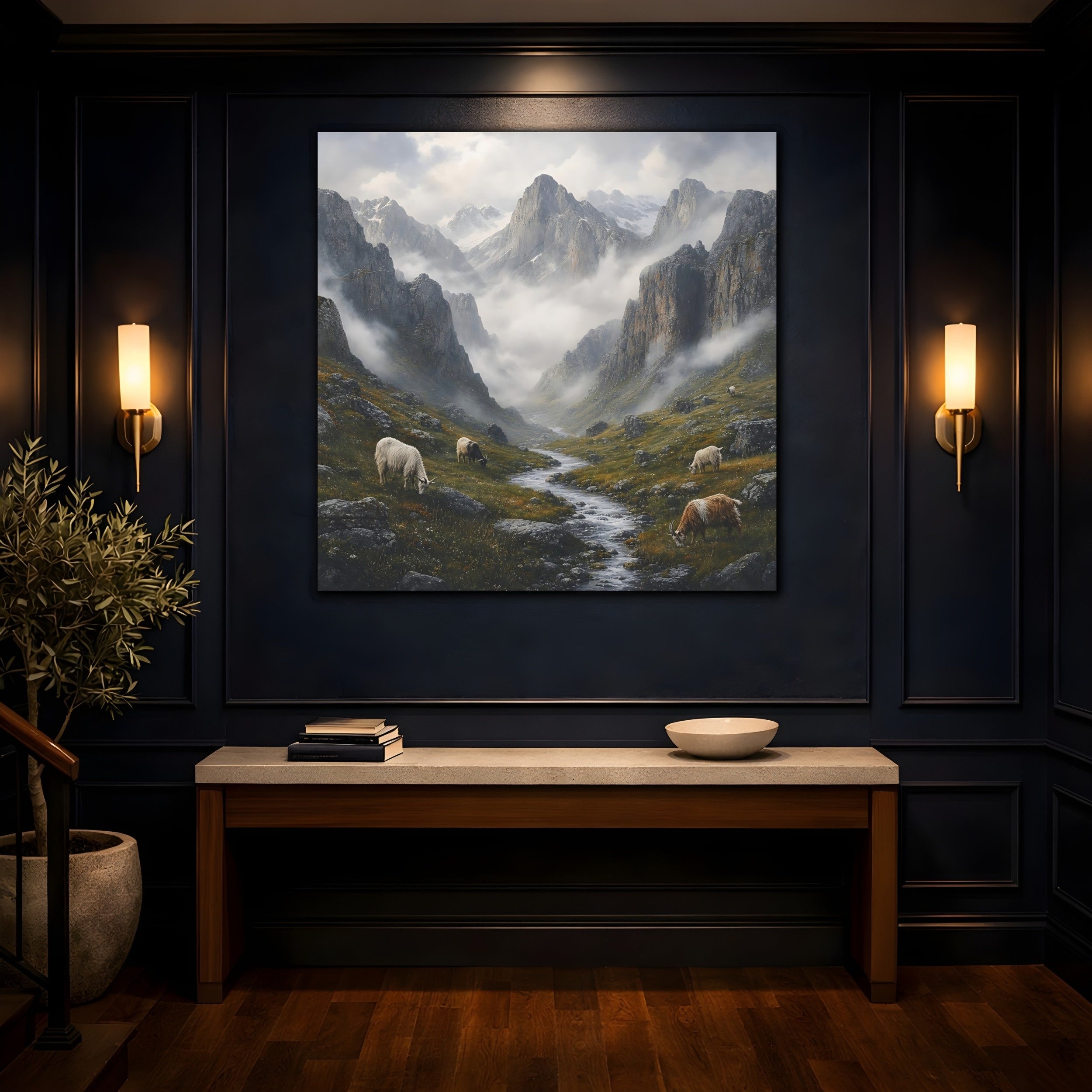 Mockup 4. Nature Mountain Valley Misty Mountain Landscape shown as stretched canvas wall art