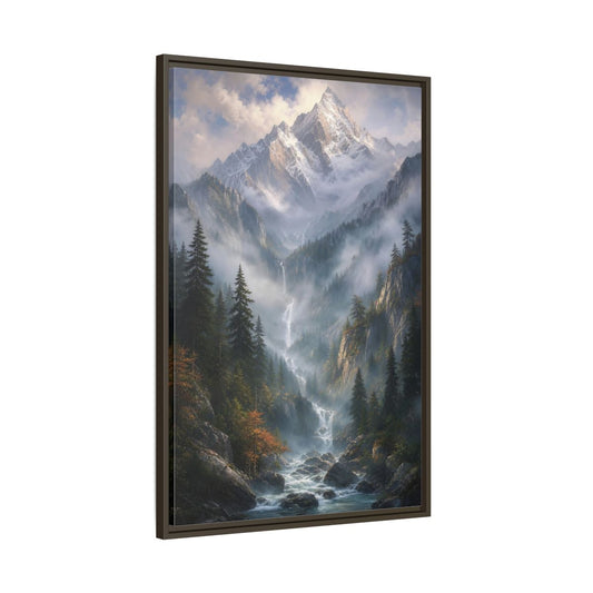 Main Mockup. Nature Mountain Valley Misty Mountain River shown as stretched canvas wall art