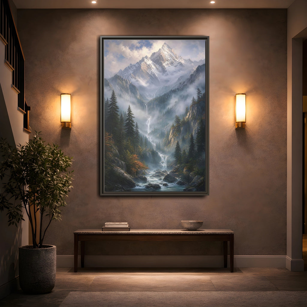 Mockup 2. Nature Mountain Valley Misty Mountain River shown as stretched canvas wall art