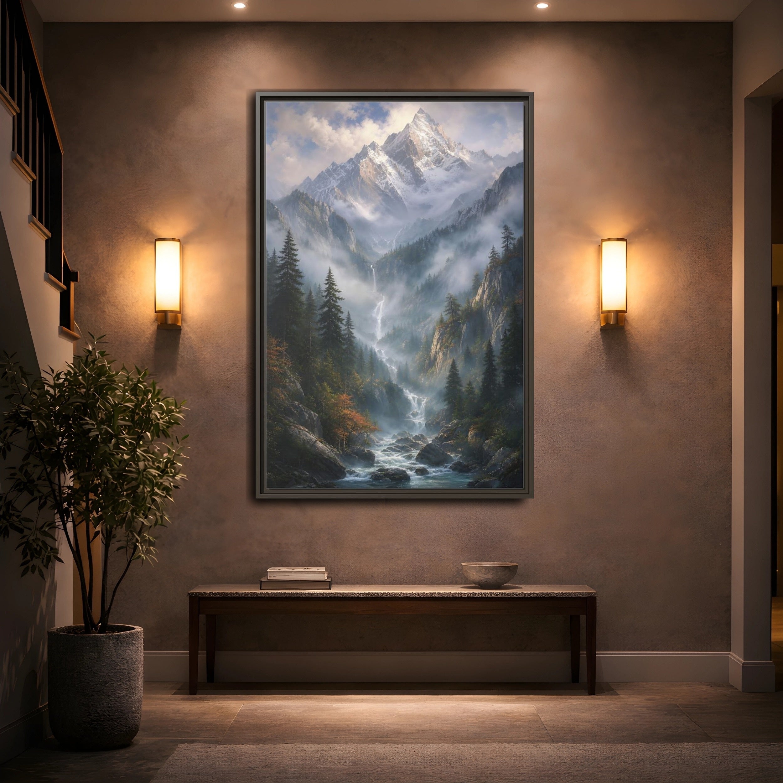 Mockup 2. Nature Mountain Valley Misty Mountain River shown as stretched canvas wall art